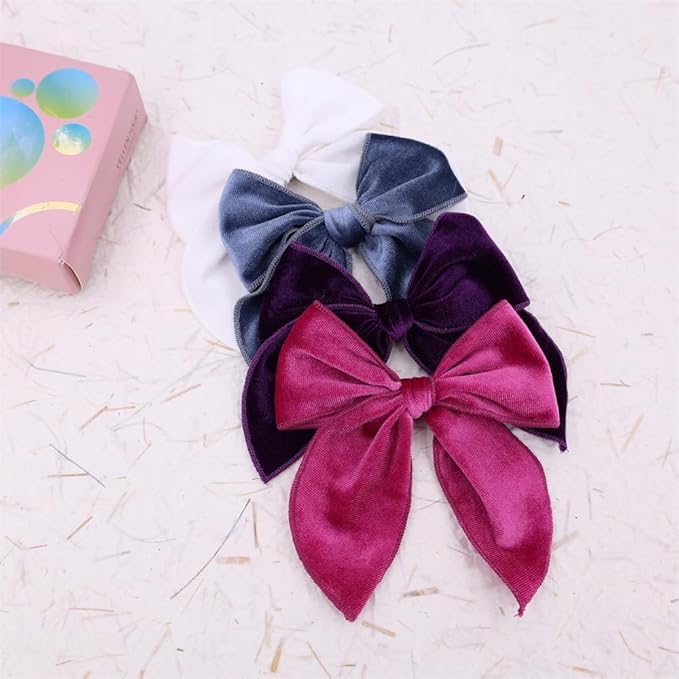 Pack of 4 Large Velvet Fable Bow Hair Clips for Kids Toddler Girl Mom Velvet Hair Bow Alligator Clips Baby Girls Women Hair Accessories (Purple/Smoke Blue)