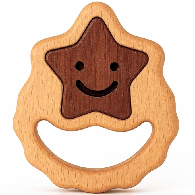 Handmade Montessori Wooden Baby Rattle 0–12 Months | Natural Beechwood Teether for Babies | Lightweight Star-Shaped Easy-Grip Infant Toy | Smooth Finish Sensory Play Toy | CPSIA & EN71 Tested