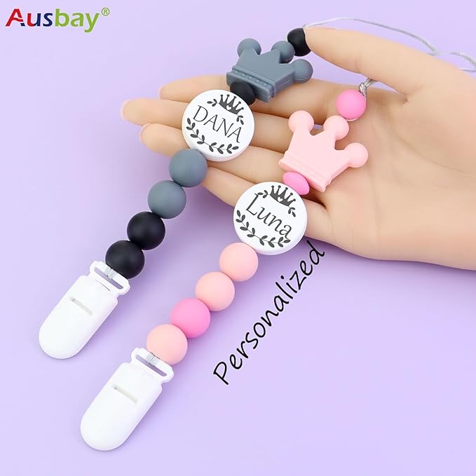 Personalized Rattle with Name can be Used with a Customized Pacifier Clip for Boy and Girl Gift (Set) (Pink)