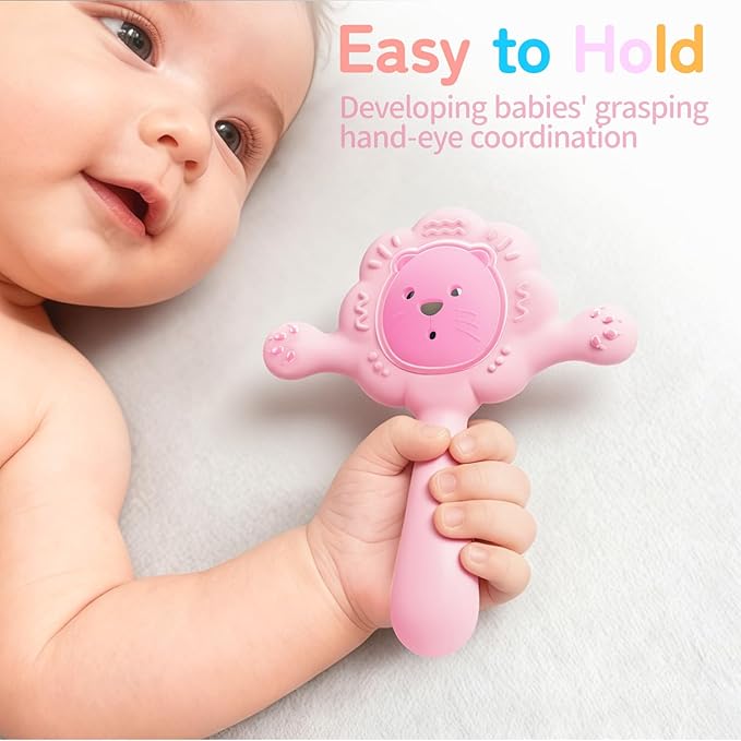 Lion Baby Teething Toy with Rattle, Food-Grade Silicone Montessori Sensory Toy for Babies 0-6 6-12 18 Months, BPA-Free Infant Sore Gum Relief & Motor Skills Development - Pink