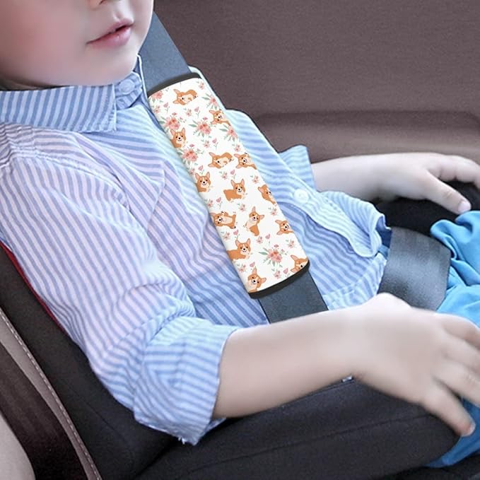 ENLACHIC Kids Car Seat Belt Cover, Cute Cartoon Animal Print Baby Car Seat Strap Pads Infant Car Seat Protector Car Accessories Universal All Cars,Corgi Dog Flower