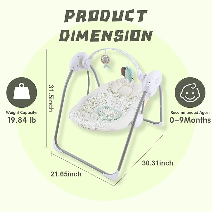 Portable Baby Swing for Infants, Compact & Foldable Infant Swing with 5-Speed Swing,Music, Timer, Cushioned Seat, Battery Operated, 0-9 Months 6-20 lbs,SG2404