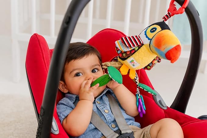 Balibazoo Toucan Hanging Baby Toy – Soft Plush Sensory Rattle with Crinkle Wings, Hidden Bell & BPA-Free Teether | Clip Attaches to Stroller, Car Seat, Gym | Developmental Toy for Babies 0-24M
