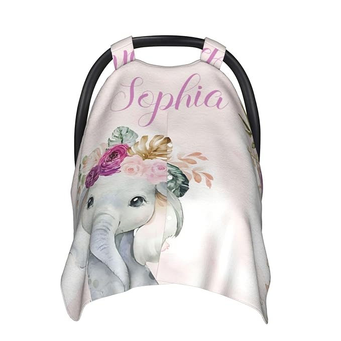 Personalized Baby Car Seat Canopy for Babies with Name, Custom Elephant Floral Stroller Car Seat Covers for Girls, Minky Nursing Carseat Cover for Breastfeeding, Car Seat Canopies for Newborn
