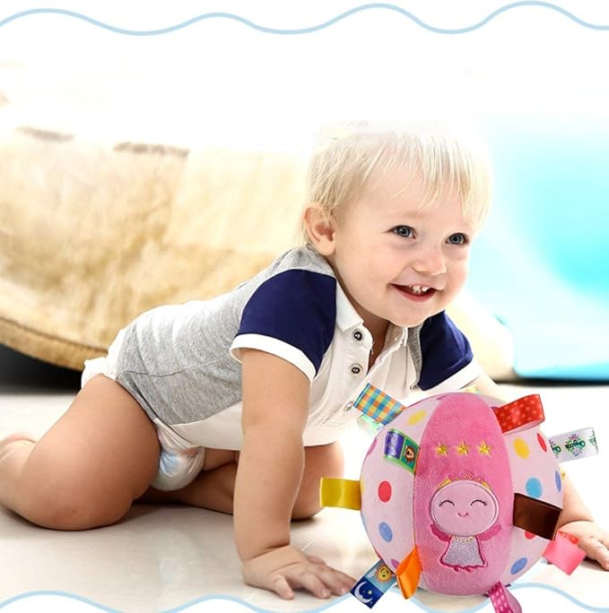 Baby Soft Plush Sensory Toys - Built-in Bell Balls - Educational Stuffed Rattle for Baby Comfort - Colorful Tags - Cute Angle