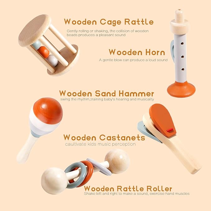 Wooden Baby Rattle, Organic Colorful Baby Rattles Set, Toddler Hand Wooden Rattles Toy Set for Infant Grasping, Sensory Development, Gift for Baby Boys Girls