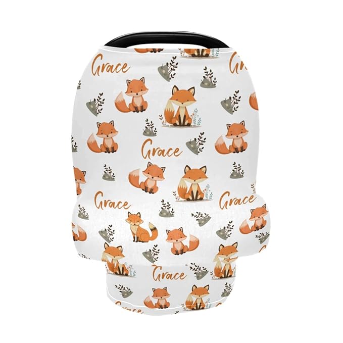 Personalized Cute Fox Baby Car Seat Covers for Girls Boys, Customized Baby Carseat Cover with Name, Breathable Nursing Cover Breastfeeding Scarf, Multi-Use Stroller Canopy for Newborn Infants