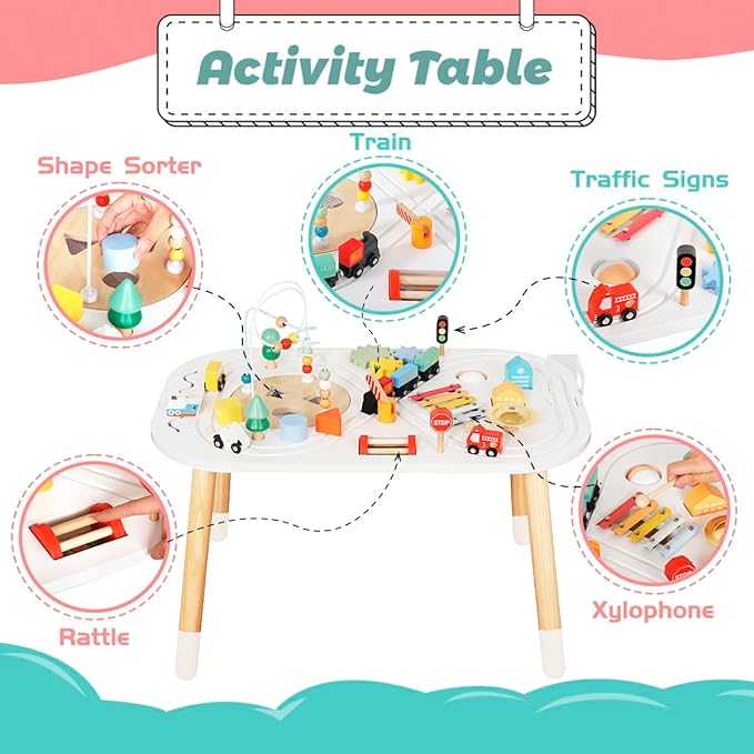 touch us Baby Activity Cubes for Kids,Toddler Activity Cubes&Activity Center Table with Wooden Bead Mazes，Mini Toy Car,Gears&Blocks|Wooden Desk Play Table as Montessori Toy for 1 Year Old Boy Girl