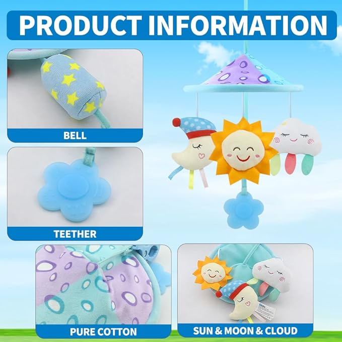 Baby pram Mobile Toys, Stroller Toys with Soft Rattle for 0 Months+ (Sky)