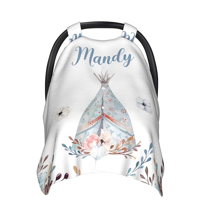 Personalized Baby Car Seat Canopy for Babies, Custom Name Car Seat Covers for Baby Girls, Floral Tent Opening Minky Nursing Breastfeeding Cover for Infant, Carseat Canopies for Newborn
