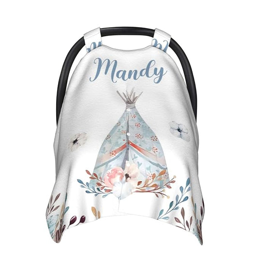 Personalized Baby Car Seat Canopy for Babies, Custom Name Car Seat Covers for Baby Girls, Floral Tent Opening Minky Nursing Breastfeeding Cover for Infant, Carseat Canopies for Newborn