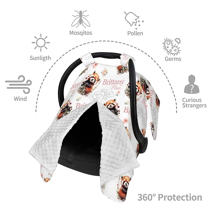 Personalized Baby Car Seat Canopy for Babies, Custom Name Baby Car Seats Covers for Girls, Opening Minky Nursing Breastfeeding Cover for Infant, Carseat Canopies for Newborn (Red Panda Bear)