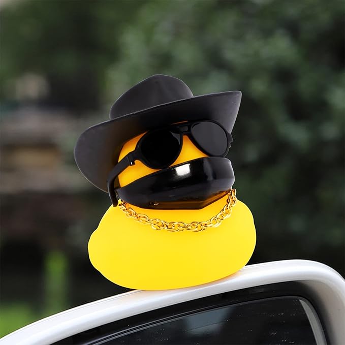 wonuu Car Duck Rubber Duck Car Ornaments Duck Car Dashboard Decorations with Cute Headband Swim Ring Necklace Sunglasses, A-Cowboy Hat Black