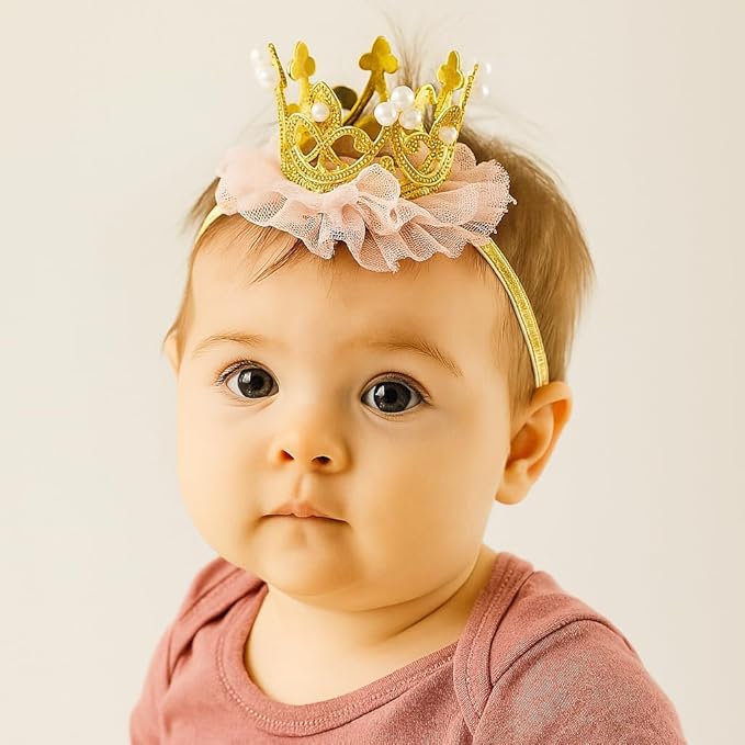 Nishine Princess Toddler Girls Crown Tiaras Baby Elastic Birthday Party Crown Headband Photo Props Gift (Pear&Gold)