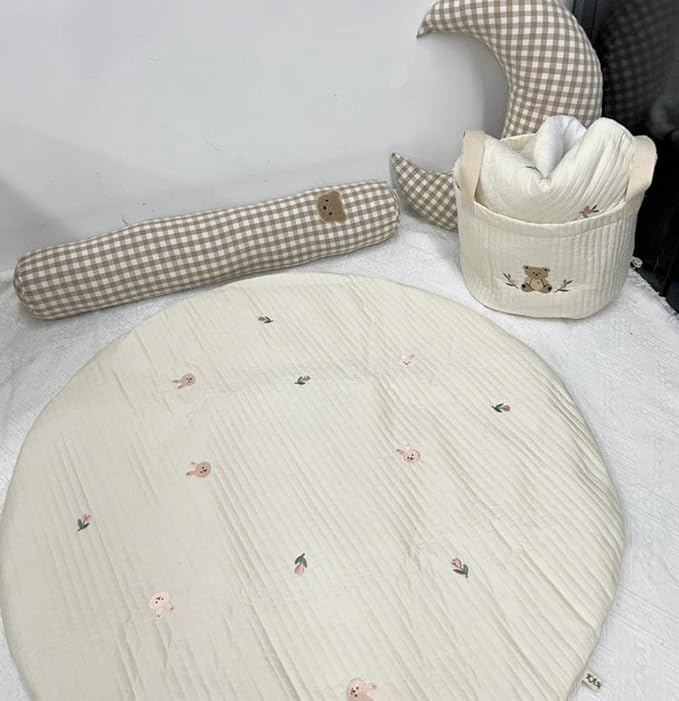 Baby White Bear Embroidered Play Mat, 33.5" Cotton Crawling Mat, Detachable Washable Floor Rug Soft Kids Room Decor Gym Nursery Area Rug Playroom Carpet for Infant Toddler