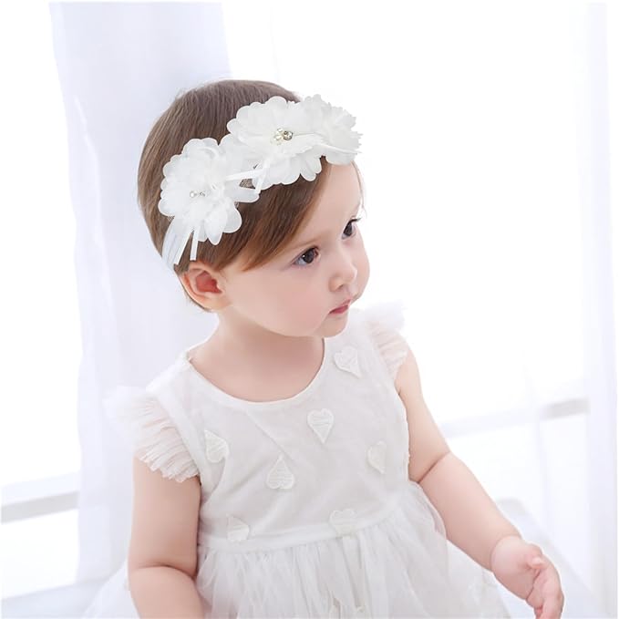 Fmeida Flower Headband for Baby Girl Floral Headbands Crown Baptism Hairband White Hair Accessories