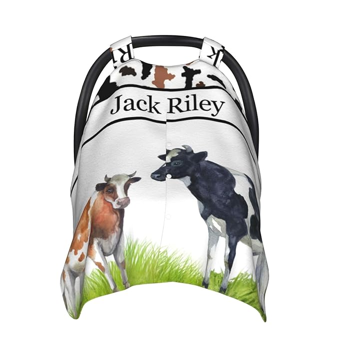 Personalized Baby Boy Car Seat Canopy for Babies, Custom Name Baby Car Seats Cover for Boy, Cow Opening Minky Nursing Breastfeeding Covers for Infant, Carseat Canopies for Newborn