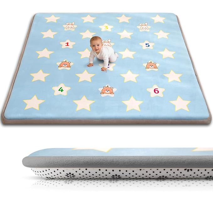 RONGFA Baby Play Mat for Floor, 71'' x 59'' Thicken Foam Padded Playmat for Tummy Time, Playpen Mat for Toddlers Infant Kids, Water-Repellent Coral Velvet, Non-Slip Bottom Safe for Crawling (Star)