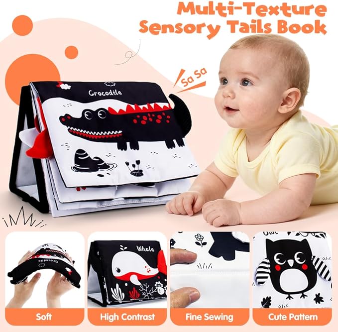 Black and White Baby Books for Newborn, Tummy Time Mirror, Baby Mirror Infant Toys with Soft Cloth Book, High Contrast Baby Toys, 3D Activity Crinkle Pages Sensory Tummy Time Toys for Babies