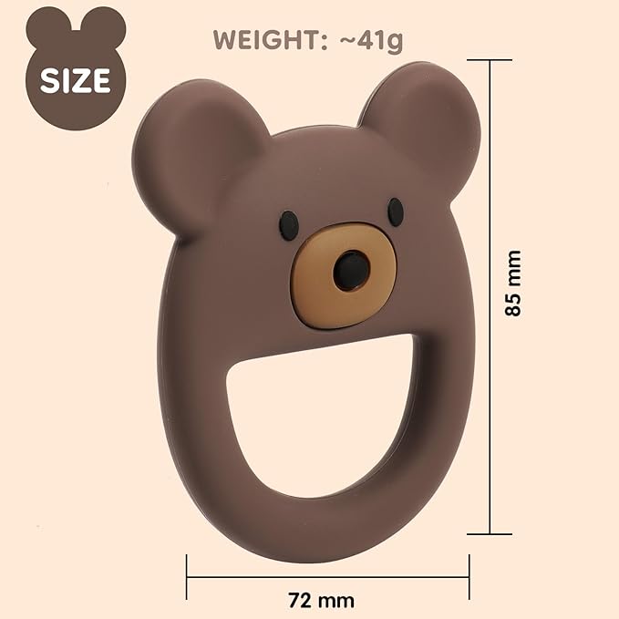 Bear-Shaped Silicone Teether for Baby 0–12 Months, Soft Textured Teething Ring with Easy-Grip Open Design, One-Piece Food-Grade Silicone Teething Toy for Infants (Brown)