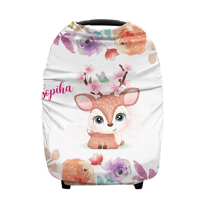 Personalized Baby Car Seat Covers with Name, Custom Nursing Cover Breastfeeding for Babies, Carseat Canopy for Girls, Infant Stroller Cover for Winter, Breathable Carseats Cover (Little Cute Deer)