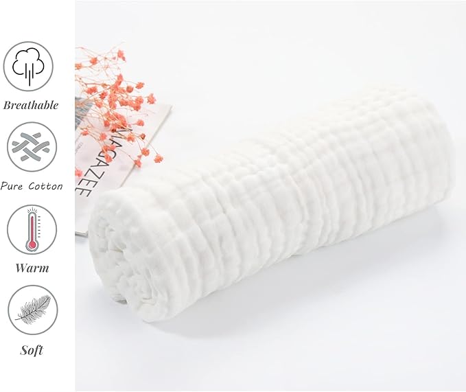 YEBON ProC 2Pcs Baby Muslin Bath Towels, Super Soft Cotton Bath Towel 6 Layers Infant Newborn Swaddle Blanket 41.3 X41.3 Inches,Baby Registry as Shower (White)