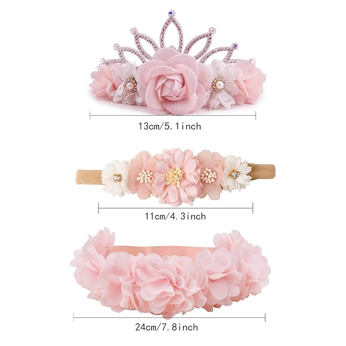 Baby Girl Flower Headbands and Bows, Stretchy Soft Nylon Floral Crown, 3pcs Handmade Hair Accessories for Newborn Infant Toddler