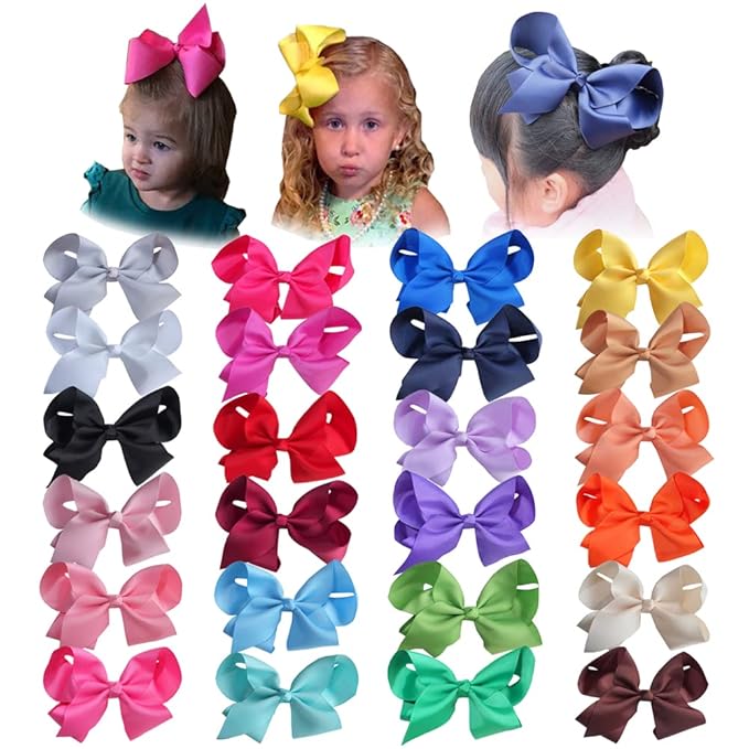 24 Pack 6 Inch Hair Bow Clips for Little Girls Grosgrain Ribbon Bow Alligator Clip Toddler Baby Girl Kids Teens Jojo Bows Hair Accessories (24 Colors/6 Inch)