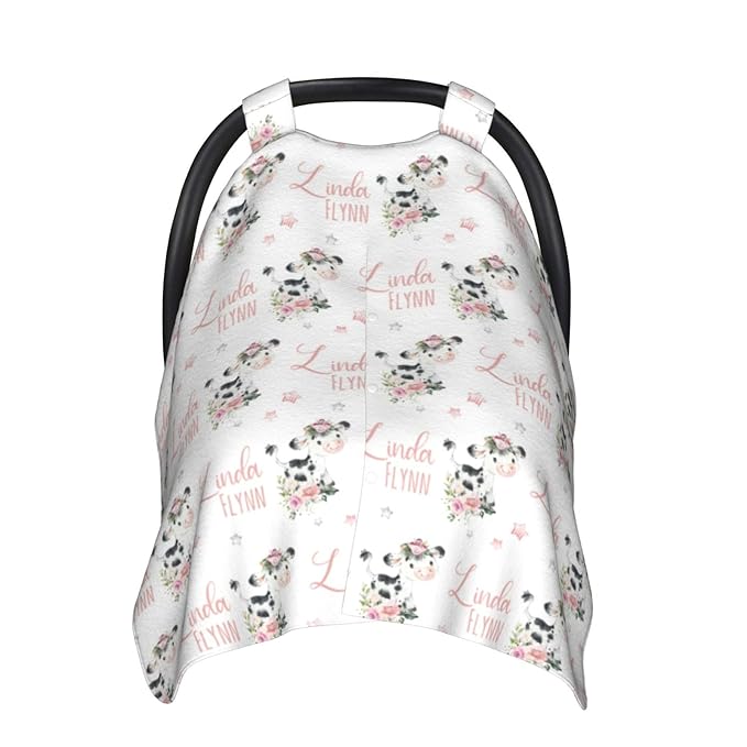 Personalized Baby Car Seat Canopy for Babies, Custom Name Floral Cow Baby Car Seat Covers for Girls, Opening Minky Nursing Breastfeeding Cover for Infant, Carseat Canopies for Newborn
