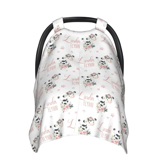 Personalized Baby Car Seat Canopy for Babies, Custom Name Floral Cow Baby Car Seat Covers for Girls, Opening Minky Nursing Breastfeeding Cover for Infant, Carseat Canopies for Newborn
