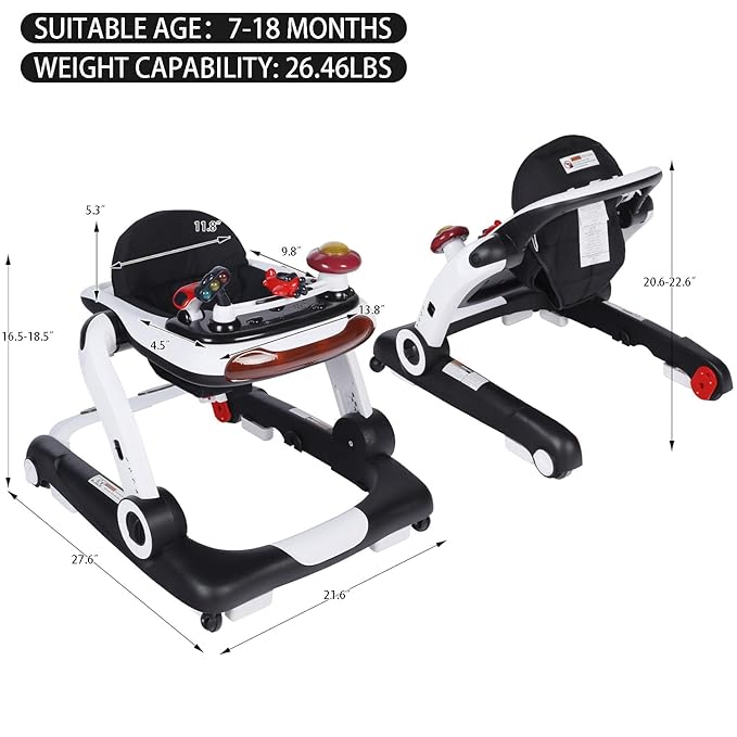 Kinder King Baby Walker with Music & Lights, 5 in 1 Baby Activity Walker with Wheel, Adjustable Height & Seat, Learning-Seated & Toddler Walk-Behind, Safety Bumper, Infant Walker Anti-Rollover, Black