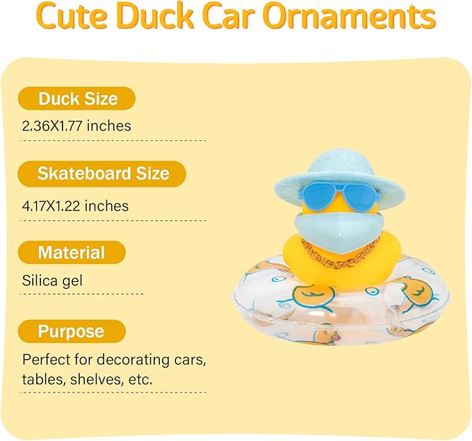 wonuu Car Duck Rubber Duck Car Ornaments Duck Car Dashboard Decorations with Cute Headband Swim Ring Necklace Sunglasses, A-Blue Hat-Blue Glasses