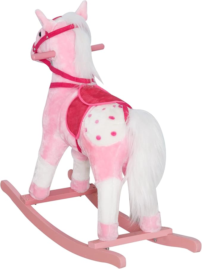 Qaba Kids Rocking Horse Plush Ride On Toy Toddler Rocker for Boys Girls Gifts with Realistic Sounds, Pink