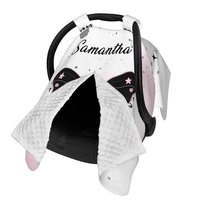 Personalized Baby Car Seat Canopy with Name, Custom Stroller Baby Car Seat Covers for Girls, Minky Nursing Carseat Cover for Breastfeeding, Car Seat Canopies for Infant Newborn(Butterfly Black)