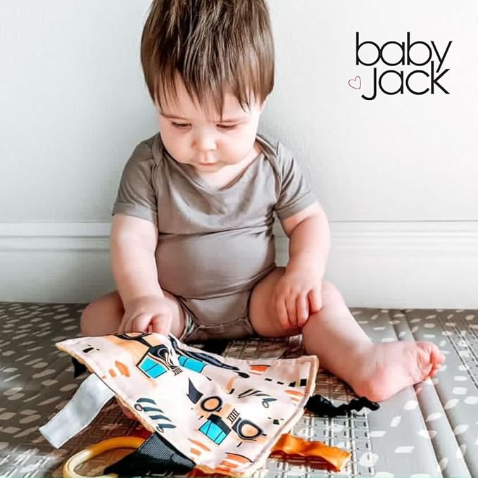 Baby Jack & Co 8x8” Construction Lovey Tag Toy for Babies - Baby Crinkle Toy - Soft & Safe - Learn Shapes & Colors - Ideal Baby Toy - BPA Free w/Stroller Clip