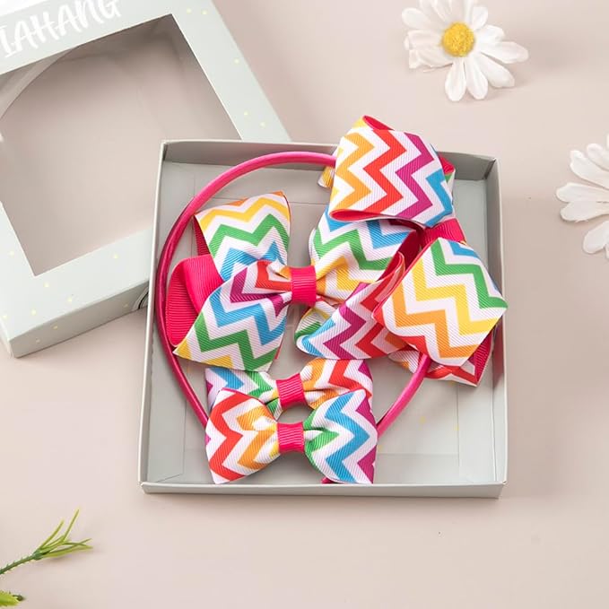 JIAHANG Baby Girls Grosgrain Ribbon 4 Inch Hair Bow Headband and Alligator Clips Set, Colorful Hair Bow Accessories for Children Toddler School Girls 4Pcs Gift Set(Stripe1)