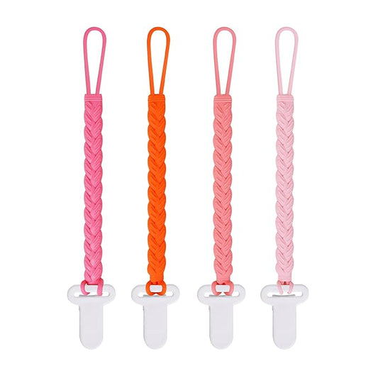 4 Pcs Pink Baby Silicone Teething Pacifier Clip,One-piece Design,Woven Shape,BPA Free.