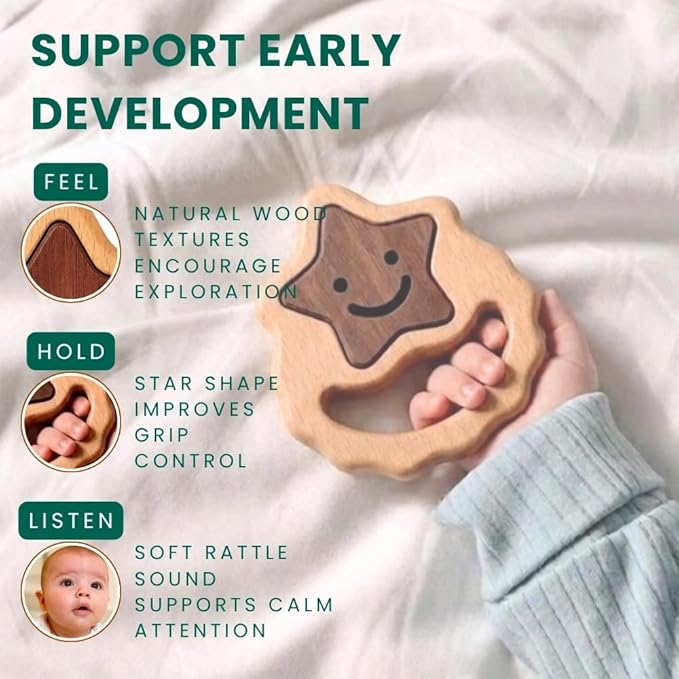Handmade Montessori Wooden Baby Rattle 0–12 Months | Natural Beechwood Teether for Babies | Lightweight Star-Shaped Easy-Grip Infant Toy | Smooth Finish Sensory Play Toy | CPSIA & EN71 Tested