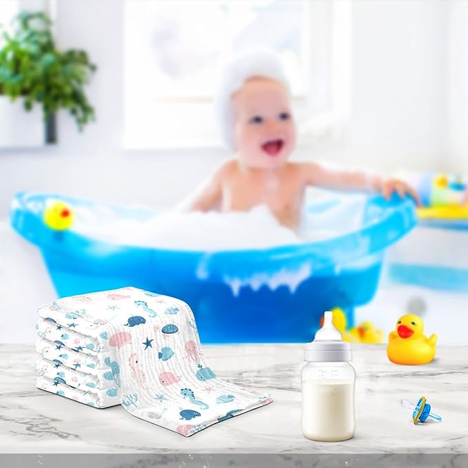 vvfelixl Cute Sea Life Baby Burp Cloths, Baby Muslin Washcloths for Boys Girls, Cotton Baby Face Towel for Newborn Infants Soft and Absorbent 11.8 X 11.8 in, 5 Pack