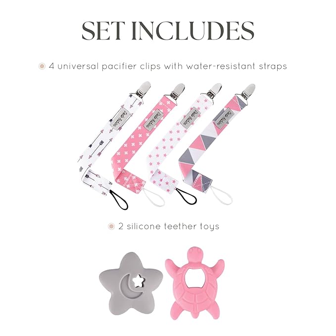 Dodo Babies Pacifier Clip & Teether Set - Universal Pacifier Holder Fits Most Pacifiers - Silicone Teethers Soothe Teething Pain - Baby Gift Set for Boys & Girls - 6pc Pack, Pink, 4 Clips
