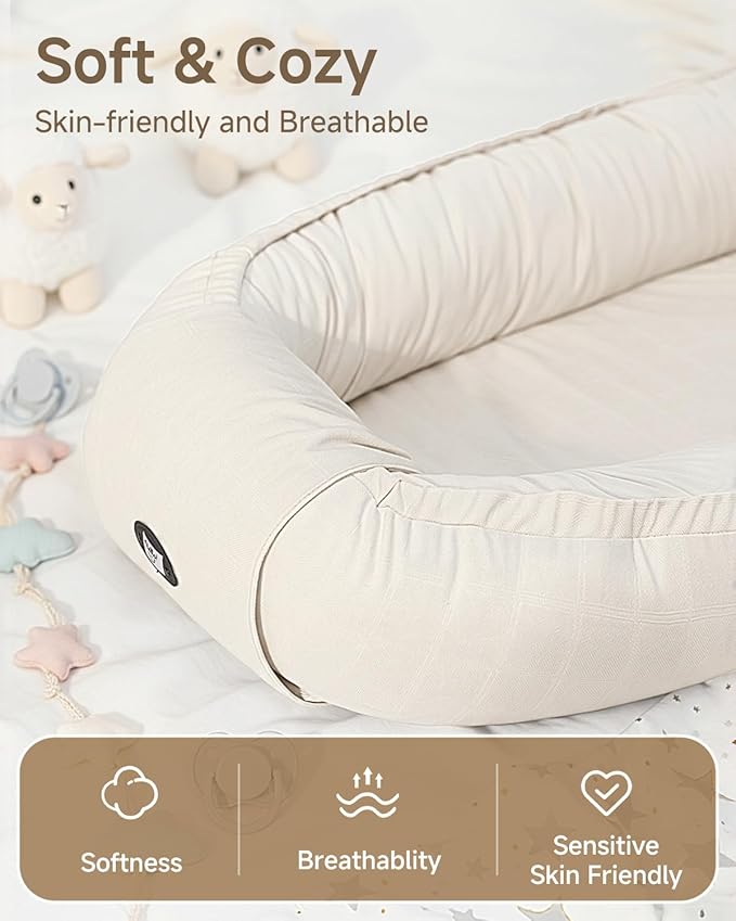 Baby Lounger, Adjustable Baby Lounger for Newborn 0-24 Months, Breathable & Soft Infant Lounger,Tummy Time Lounger for Home and Travel,Baby Girls & Boys Babies Stuff, Mother's Day Gift for Her, Beige