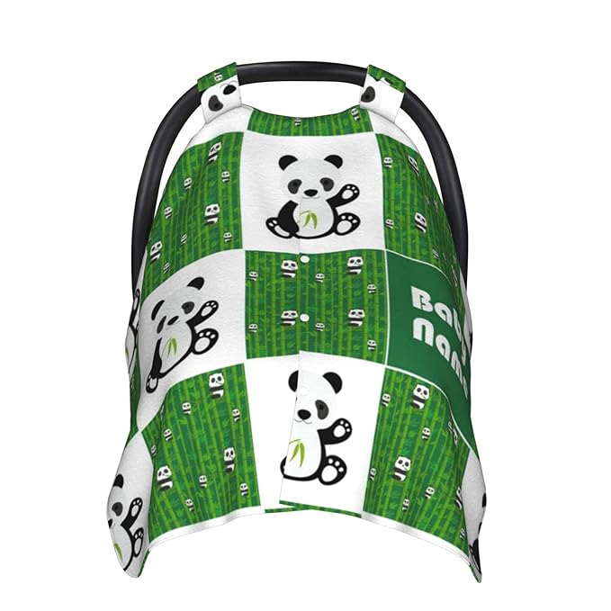 Personalized Cute Panda and Bamboo Baby Car Seat Canopy for Baby with Name, Custom Light Weight Minky Covers for Baby Boy Girl, Nursing Breastfeeding Stroller Cover Canopies for Newborn