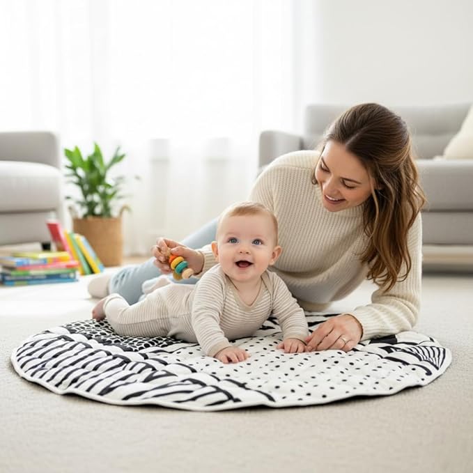 Byrd & Blume Round Baby Play Mat, Reversible Quilted Organic Cotton, High Contrast Black & White Play Mat, Soft Non Toxic Nursery Rug, Foldable Portable, 40 Inch