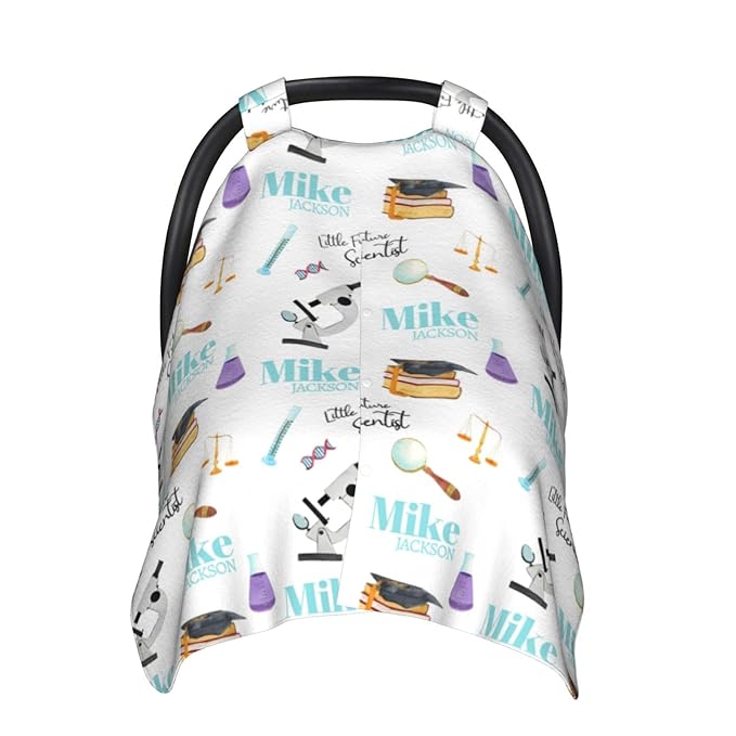 Personalized Baby Car Seat Canopy for Babies, Custom Name Baby Car Seats Covers for Boys Girls, Opening Minky Nursing Breastfeeding Cover for Infant Newborn, Carseat Canopies (Future Scientists)