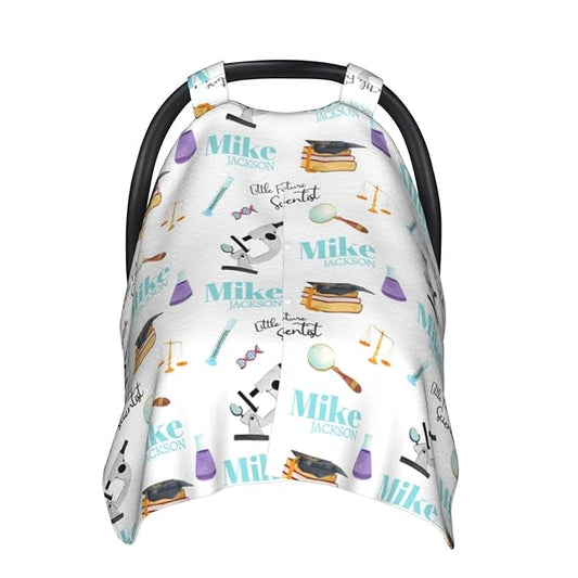 Personalized Baby Car Seat Canopy for Babies, Custom Name Baby Car Seats Covers for Boys Girls, Opening Minky Nursing Breastfeeding Cover for Infant Newborn, Carseat Canopies (Future Scientists)