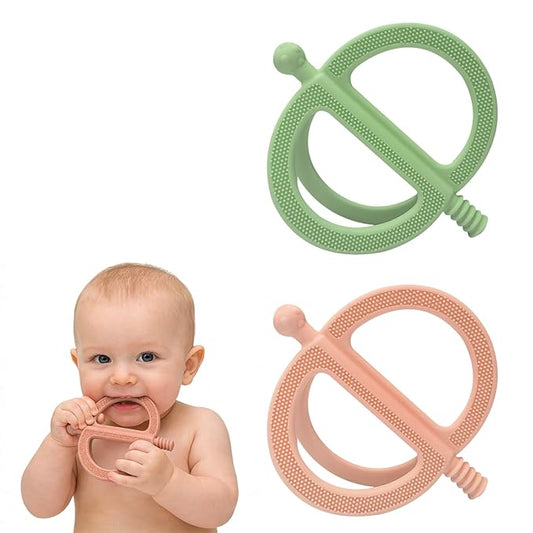 2 Pack Get-A-Grip Baby Teether Toy, No-Drop Sensory Teether with Easy Grasp for Babies 6-12 Months, Silicone Food-Grade Teething Mittens for Infant Chew Toys & Teething Relief(Green&Khaki)
