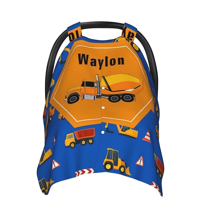 Personalised Baby Car Seat Cover with Name, Customized Engineering Vehicle Baby Carseat Canopy for Boys, Multi-use Nursing Breastfeeding Covers for Infant Newborn, Shower Gifts for Babies