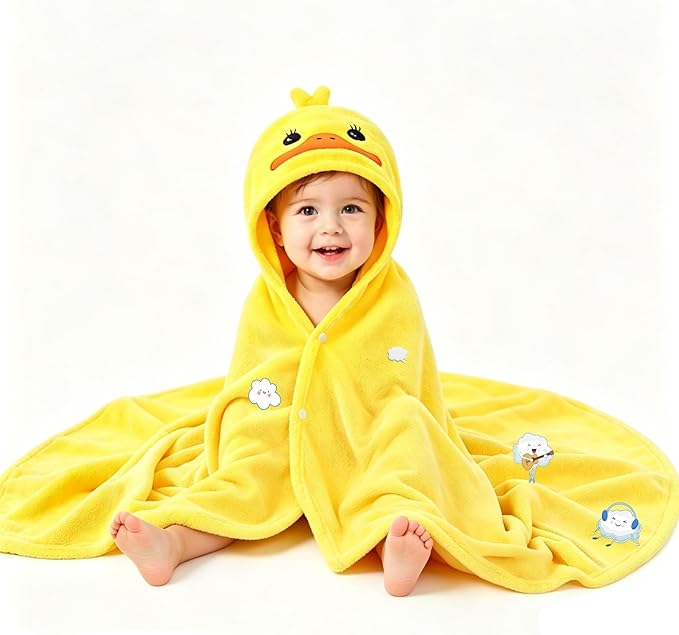 Toddler Baby Bath Towel with Hood 27.5"X55" Ultra Absorbent Soft Cozy Comfort Bathrobe Blanket, 0-6 Years Infant Shower Towel for Girls & Boys(Bright Yellow)