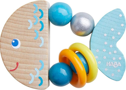 HABA Rattlefish Wooden Baby Rattle with Plastic Rings, Sensory Toys 6-12 Months & Grasping Toy for Babies, Made in Germany