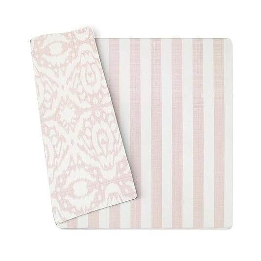 Wander & Roam Premium Reversible Play Mat - Soft Foam Child & Parent - Modern Neutral Stripe + Ikat Design - Water Resistant, Easy to Clean, Non-Toxic - Rose Pink, 3+ Years